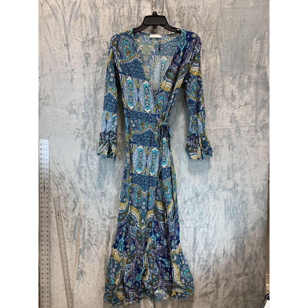 R. Vivimos Women's Dress Maxi Wrap S 4-6 Blue Pailsely Skull Long Bell Sleeve